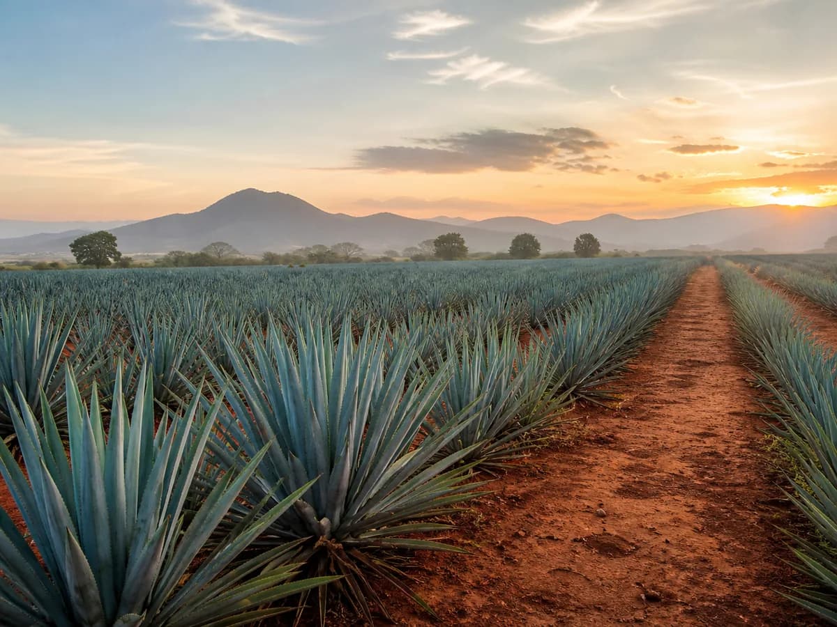 Hileras de agave azul sobre la tierra roja del paisaje jalisciense