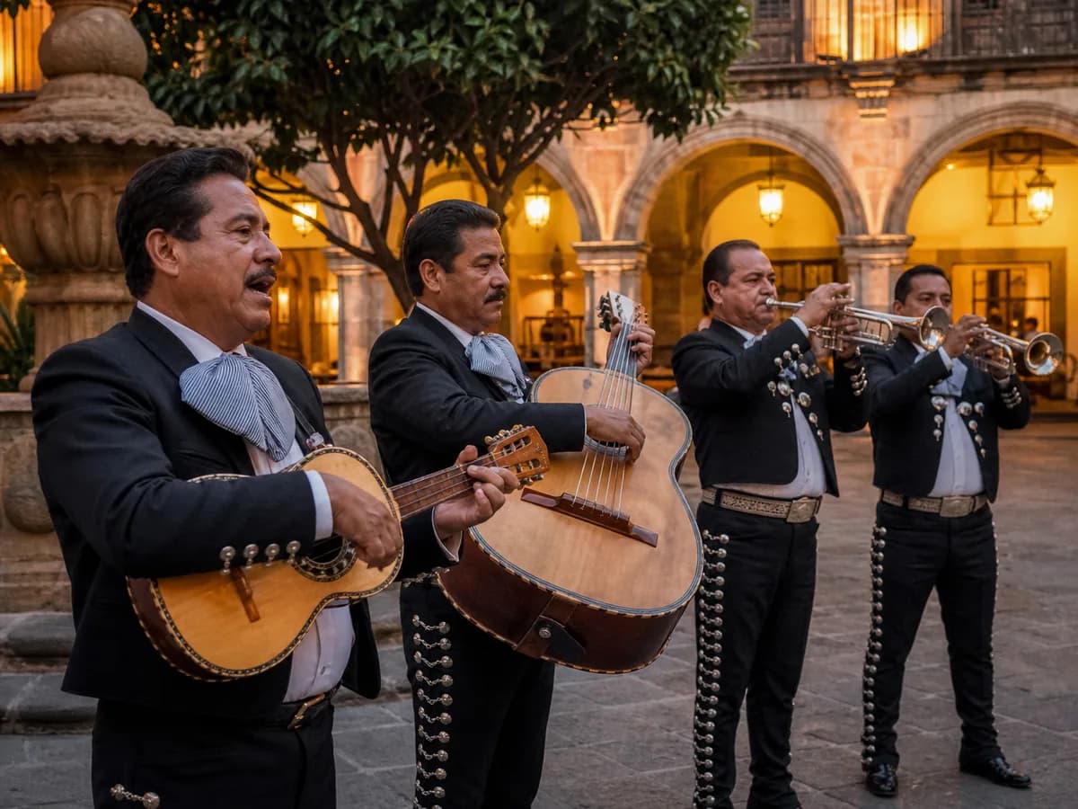 Conjunto de mariachi interpretando música en una plaza de Guadalajara