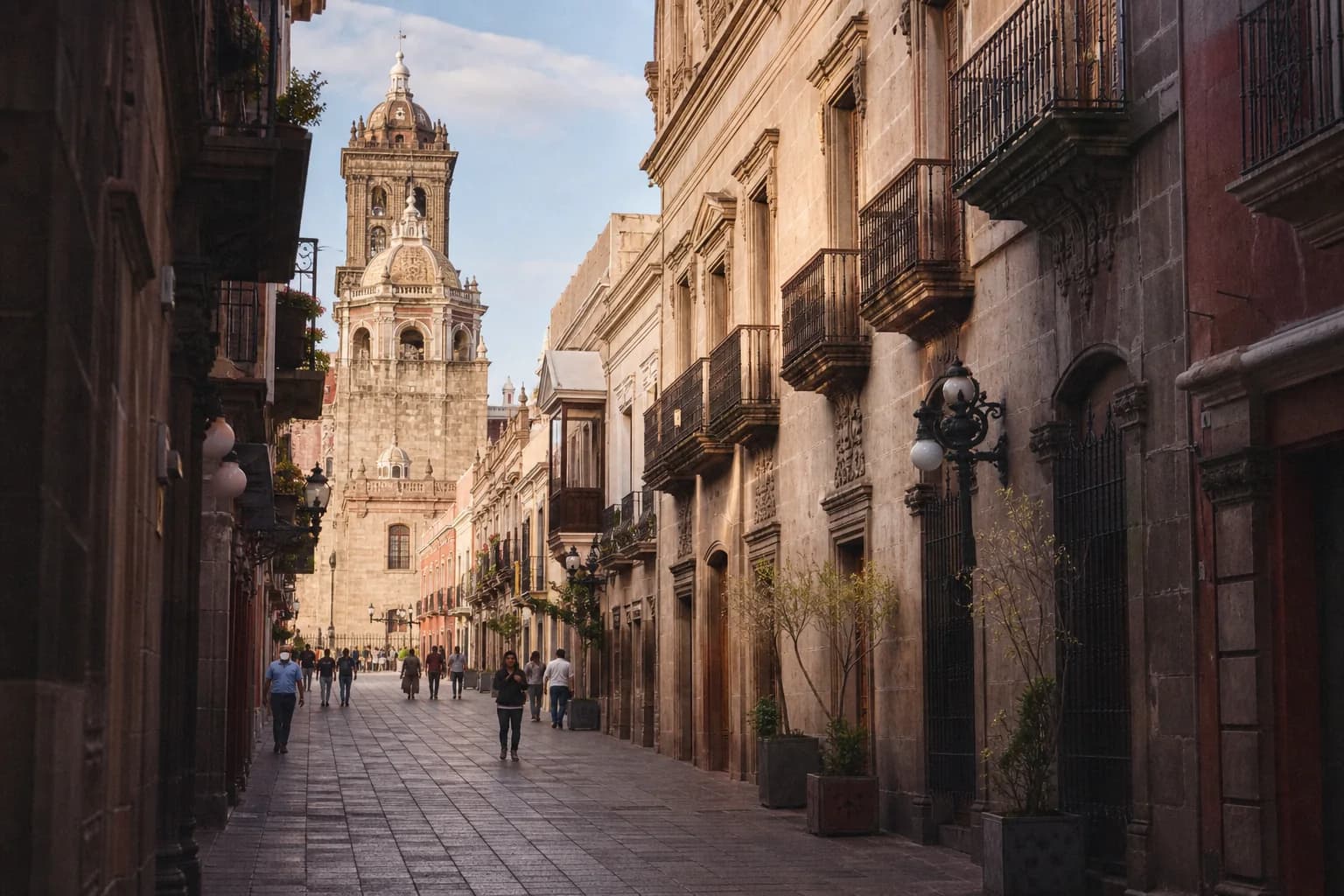 Calle de cantera y arquitectura histórica en el centro de Puebla